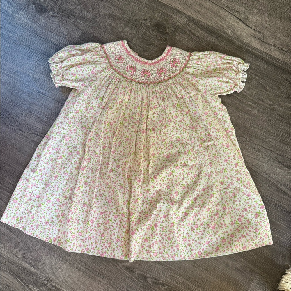 Carriage Boutique Pink and Green Floral Smocked Puff Sleeve Dress